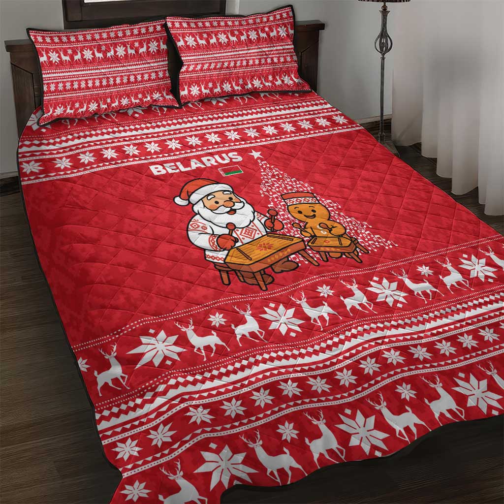 Belarus Christmas Quilt Bed Set with Santa Gingerbread Playing Chess National Emblem and Nordic Pattern Design - Wonder Print Shop