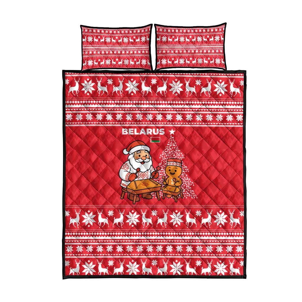 Belarus Christmas Quilt Bed Set with Santa Gingerbread Playing Chess National Emblem and Nordic Pattern Design - Wonder Print Shop