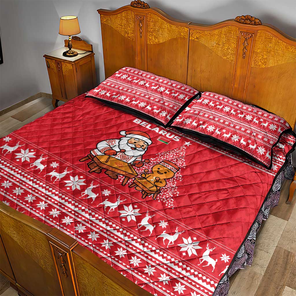 Belarus Christmas Quilt Bed Set with Santa Gingerbread Playing Chess National Emblem and Nordic Pattern Design - Wonder Print Shop