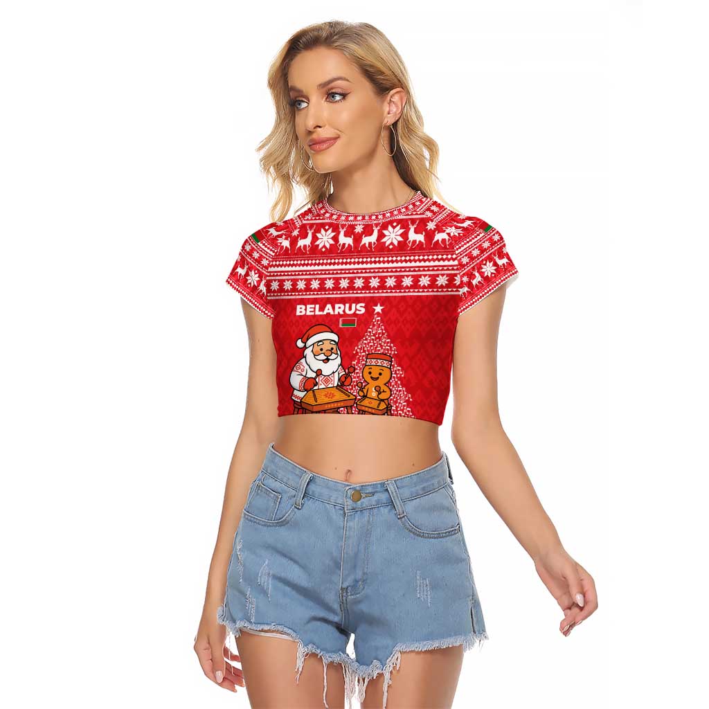 Belarus Christmas Raglan Cropped T Shirt with Santa Gingerbread Playing Chess National Emblem and Nordic Pattern Design - Wonder Print Shop