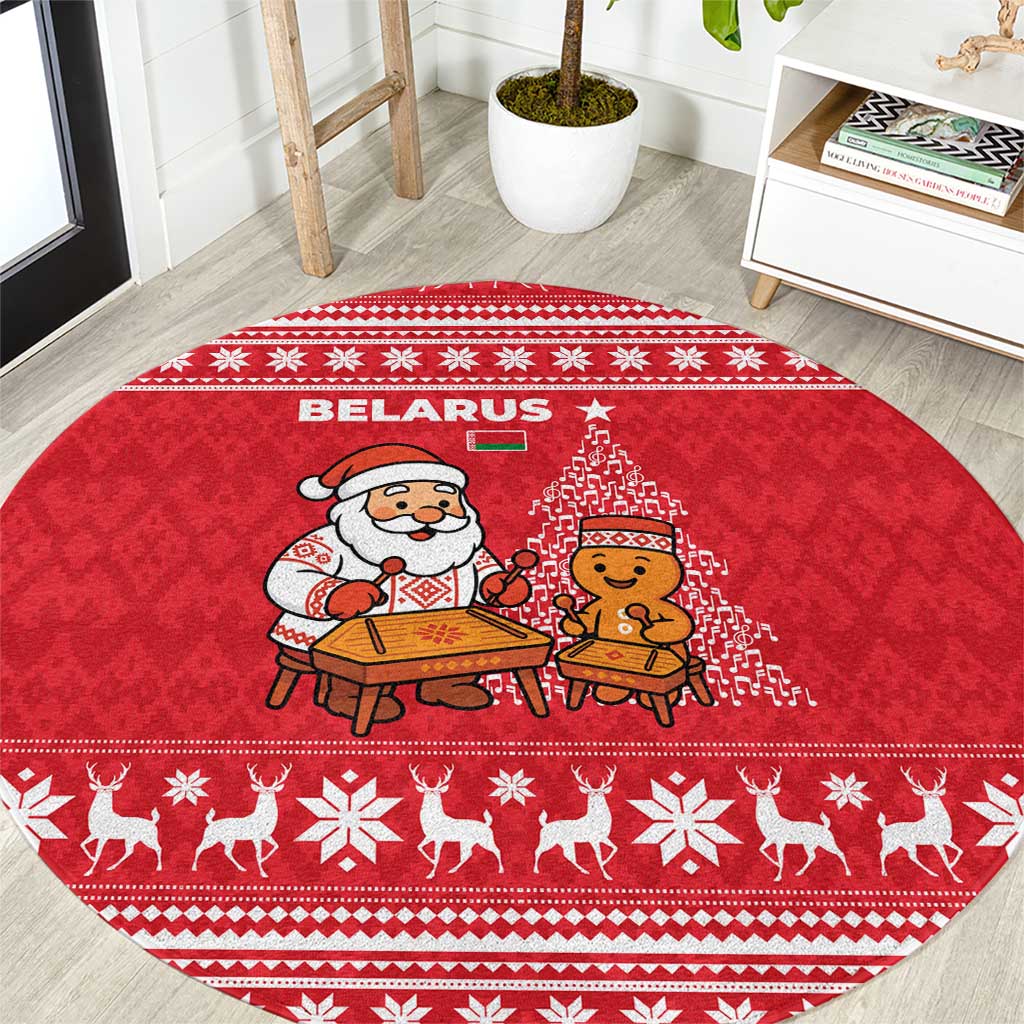 Belarus Christmas Round Carpet with Santa Gingerbread Playing Chess National Emblem and Nordic Pattern Design - Wonder Print Shop