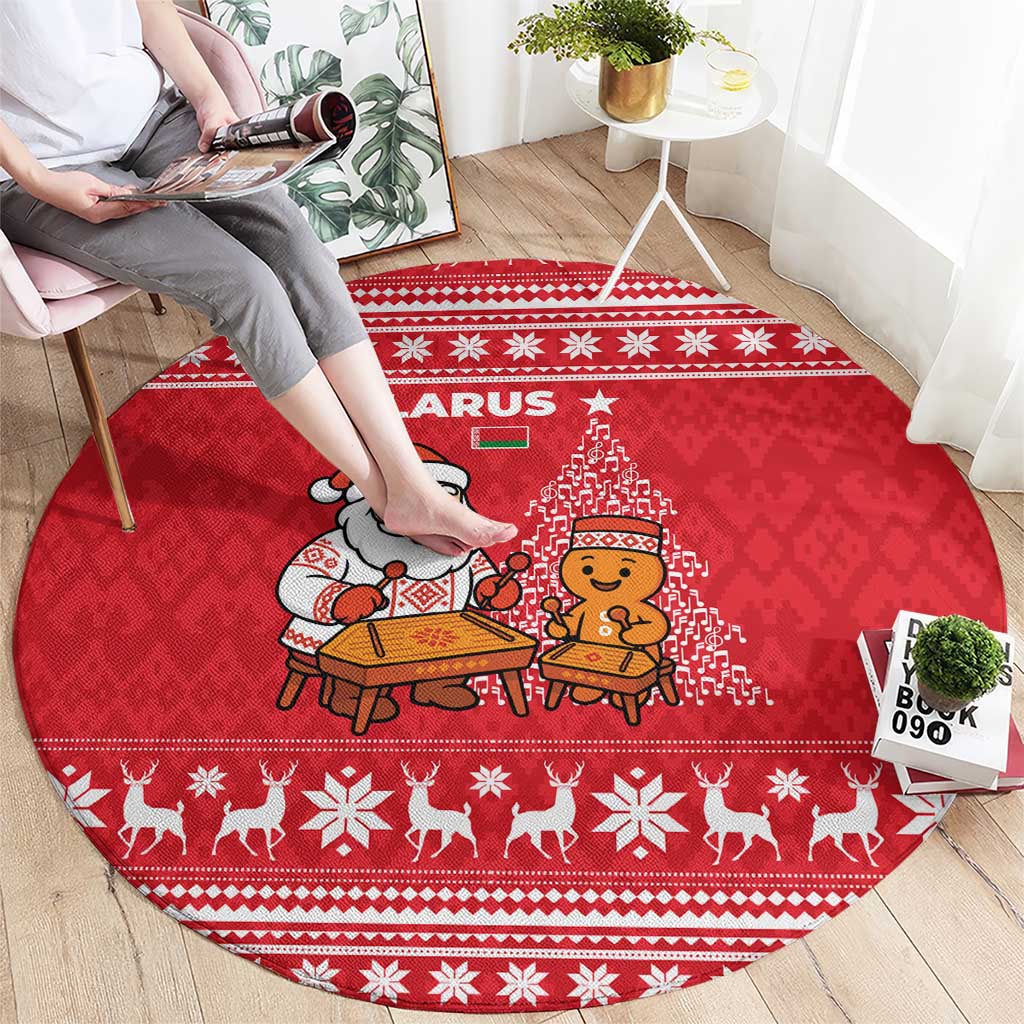 Belarus Christmas Round Carpet with Santa Gingerbread Playing Chess National Emblem and Nordic Pattern Design - Wonder Print Shop