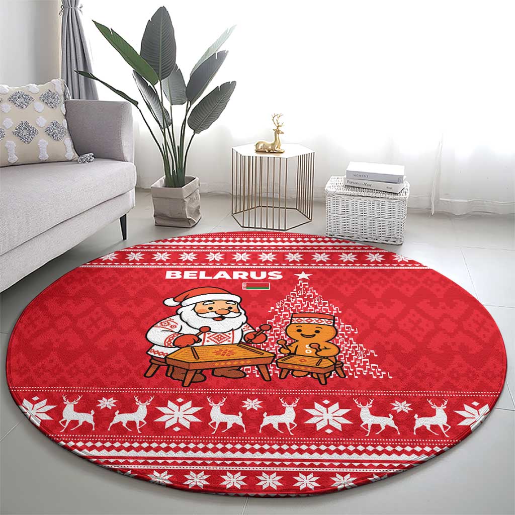 Belarus Christmas Round Carpet with Santa Gingerbread Playing Chess National Emblem and Nordic Pattern Design - Wonder Print Shop
