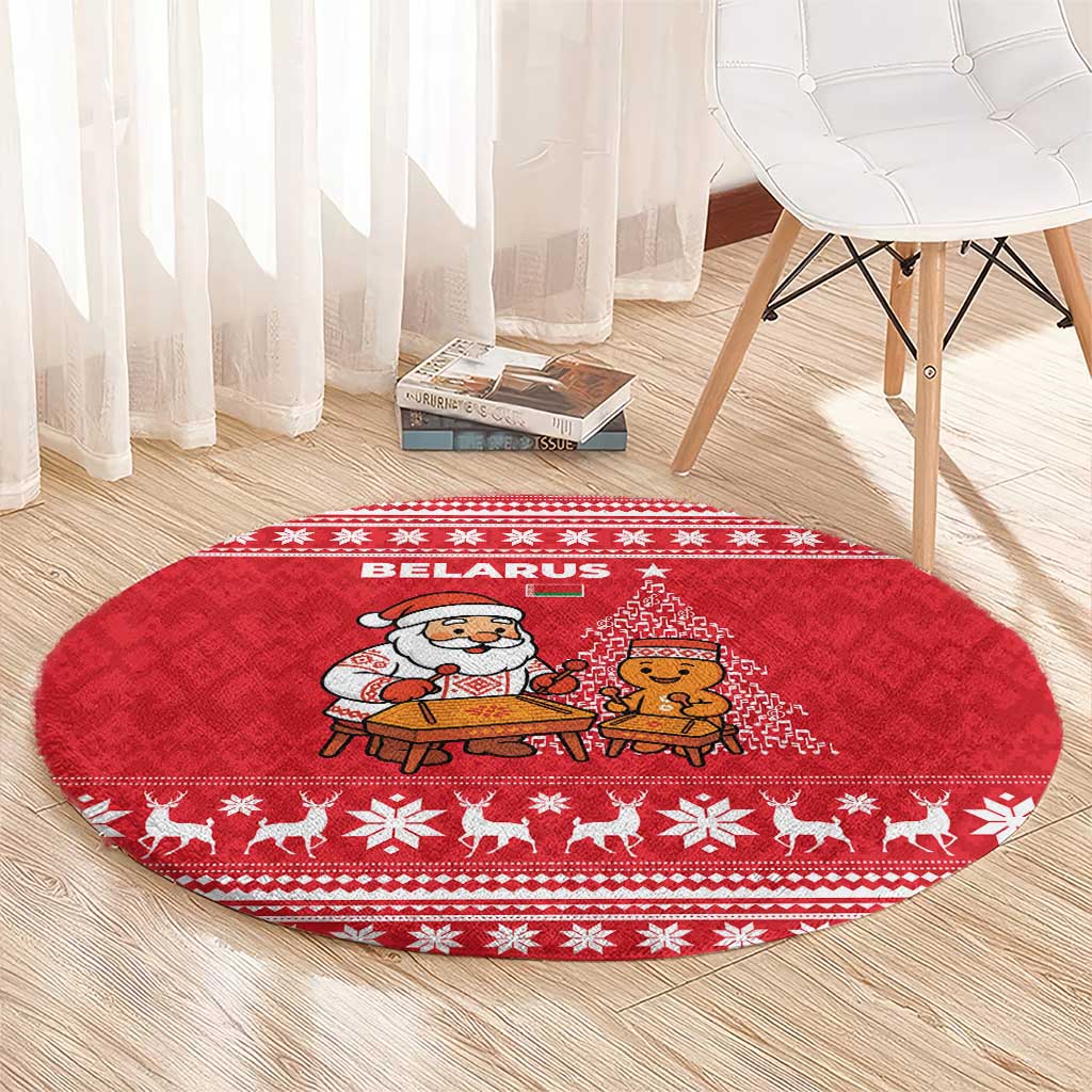 Belarus Christmas Round Carpet with Santa Gingerbread Playing Chess National Emblem and Nordic Pattern Design - Wonder Print Shop