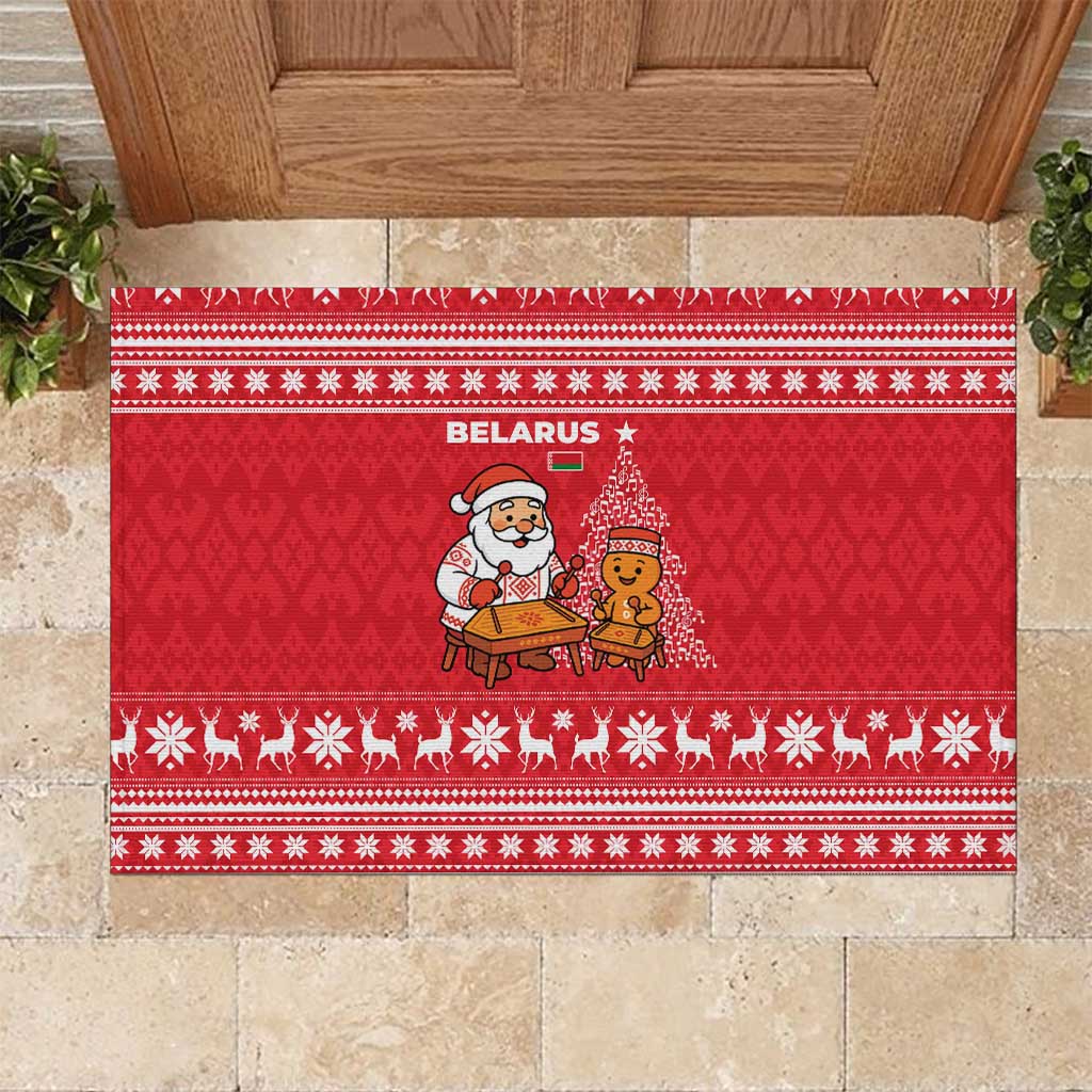 Belarus Christmas Rubber Doormat with Santa Gingerbread Playing Chess National Emblem and Nordic Pattern Design - Wonder Print Shop
