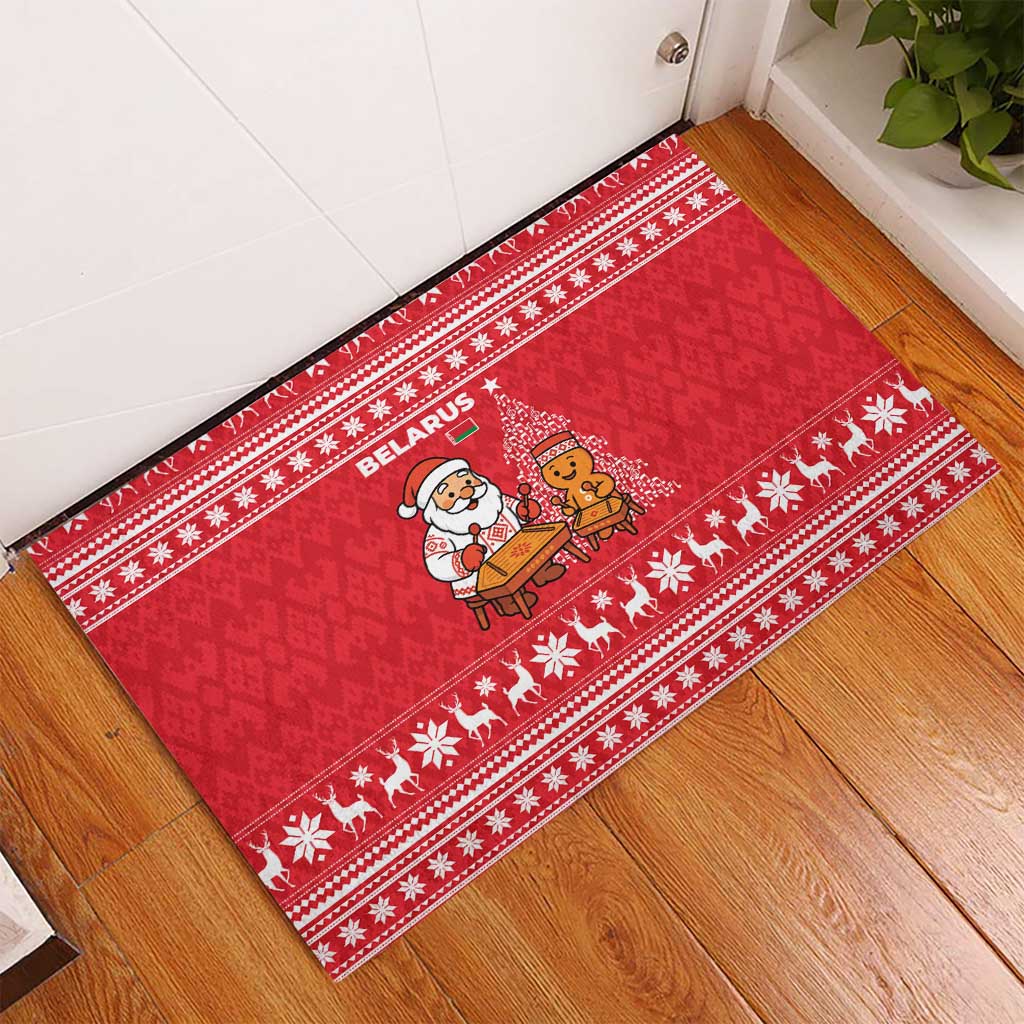 Belarus Christmas Rubber Doormat with Santa Gingerbread Playing Chess National Emblem and Nordic Pattern Design - Wonder Print Shop
