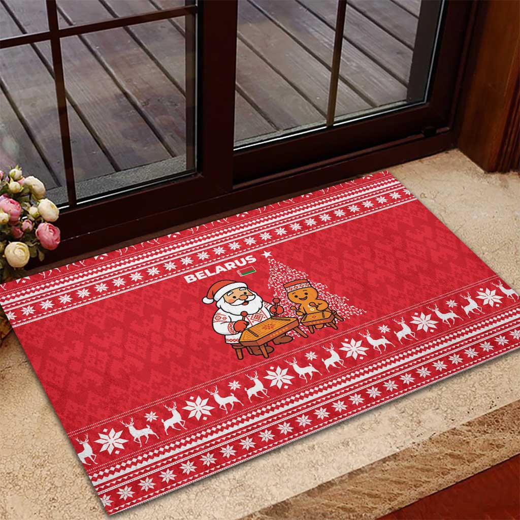 Belarus Christmas Rubber Doormat with Santa Gingerbread Playing Chess National Emblem and Nordic Pattern Design - Wonder Print Shop