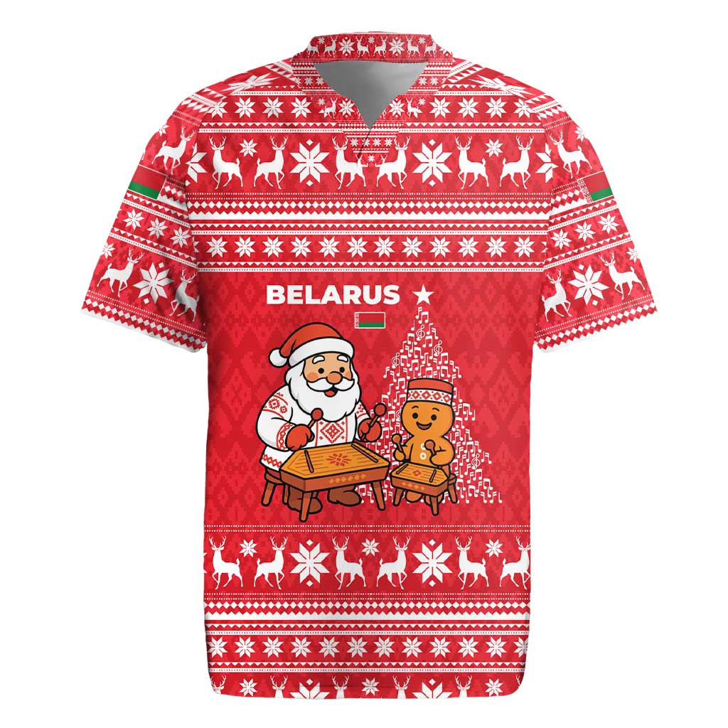 Belarus Christmas Rugby Jersey with Santa Gingerbread Playing Chess National Emblem and Nordic Pattern Design - Wonder Print Shop