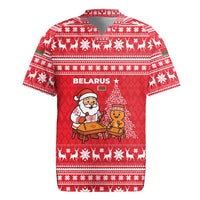 Belarus Christmas Rugby Jersey with Santa Gingerbread Playing Chess National Emblem and Nordic Pattern Design - Wonder Print Shop
