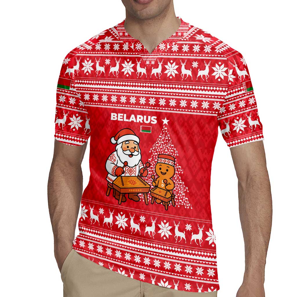 Belarus Christmas Rugby Jersey with Santa Gingerbread Playing Chess National Emblem and Nordic Pattern Design - Wonder Print Shop