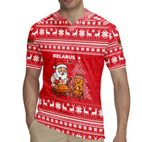 Belarus Christmas Rugby Jersey with Santa Gingerbread Playing Chess National Emblem and Nordic Pattern Design - Wonder Print Shop