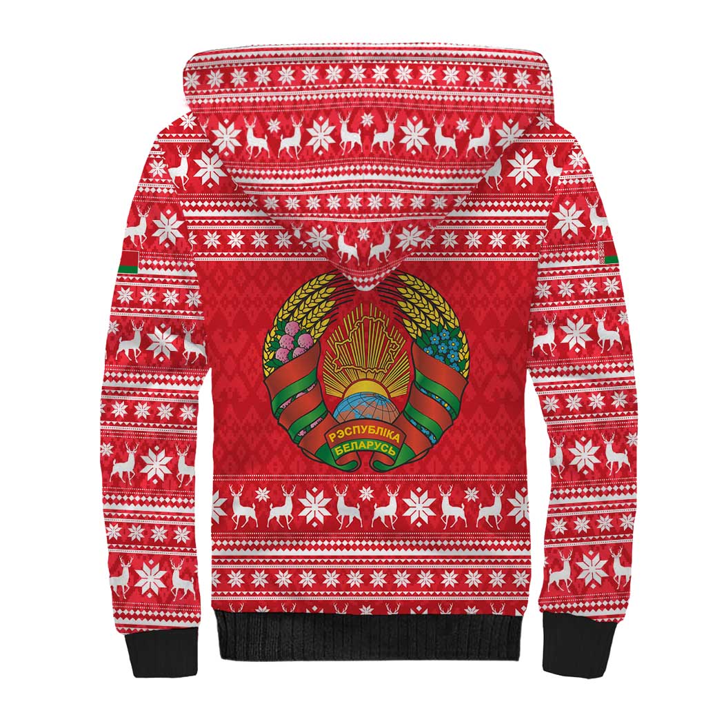 Belarus Christmas Sherpa Hoodie with Santa Gingerbread Playing Chess National Emblem and Nordic Pattern Design - Wonder Print Shop