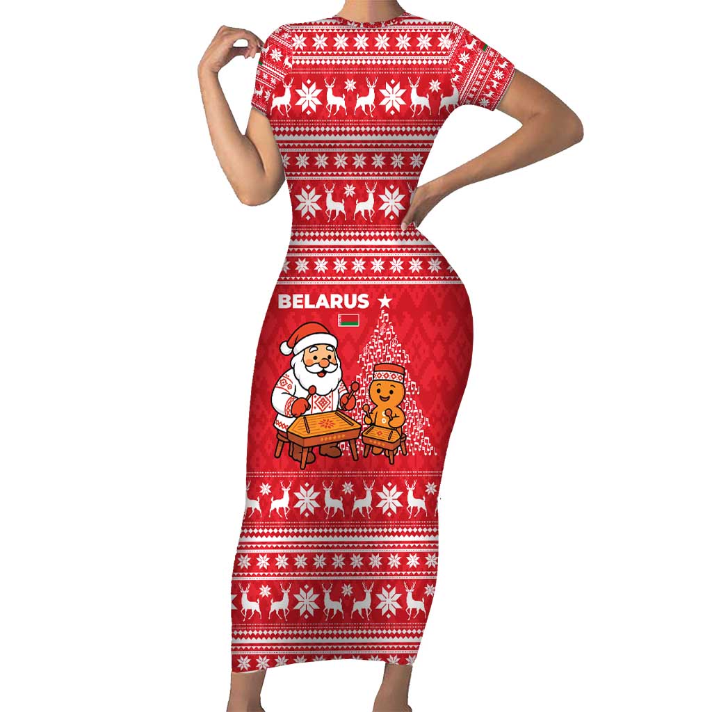 Belarus Christmas Short Sleeve Bodycon Dress with Santa Gingerbread Playing Chess National Emblem and Nordic Pattern Design - Wonder Print Shop