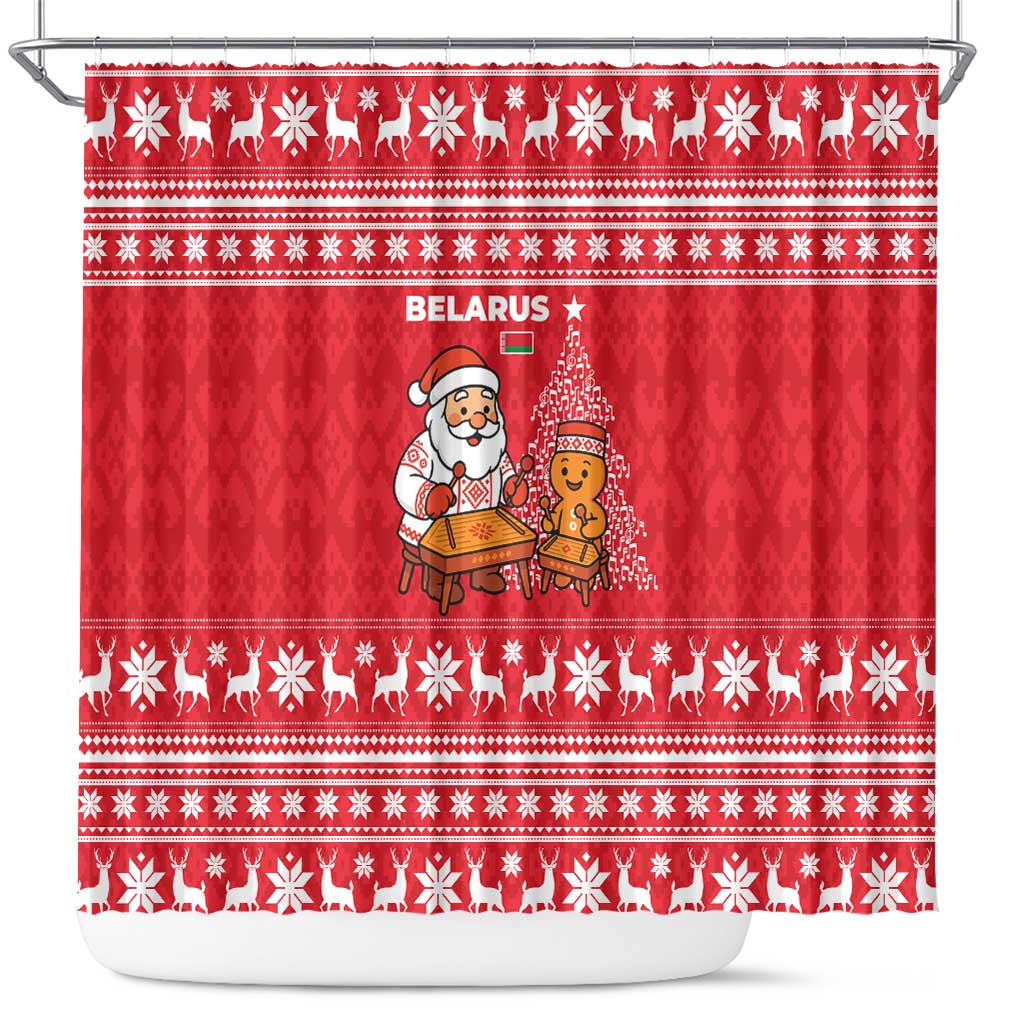Belarus Christmas Shower Curtain with Santa Gingerbread Playing Chess National Emblem and Nordic Pattern Design - Wonder Print Shop