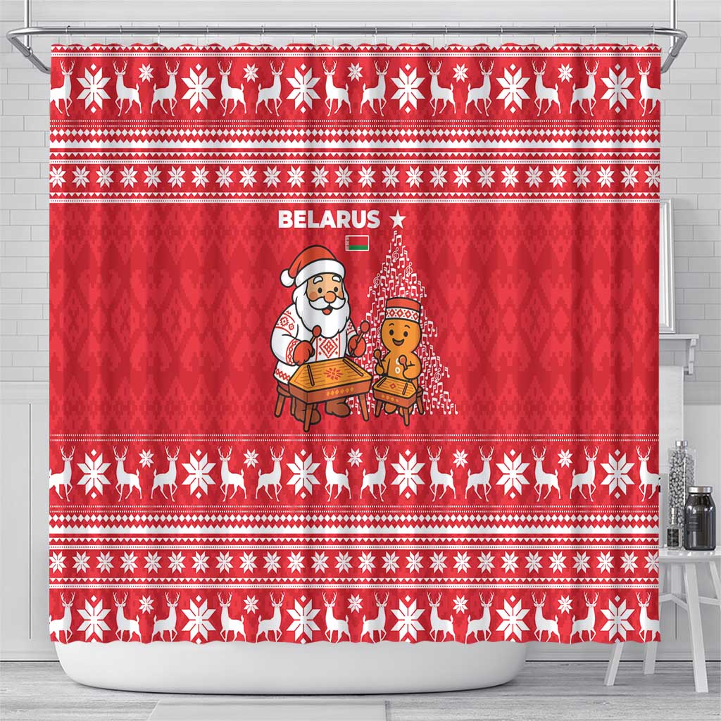 Belarus Christmas Shower Curtain with Santa Gingerbread Playing Chess National Emblem and Nordic Pattern Design - Wonder Print Shop