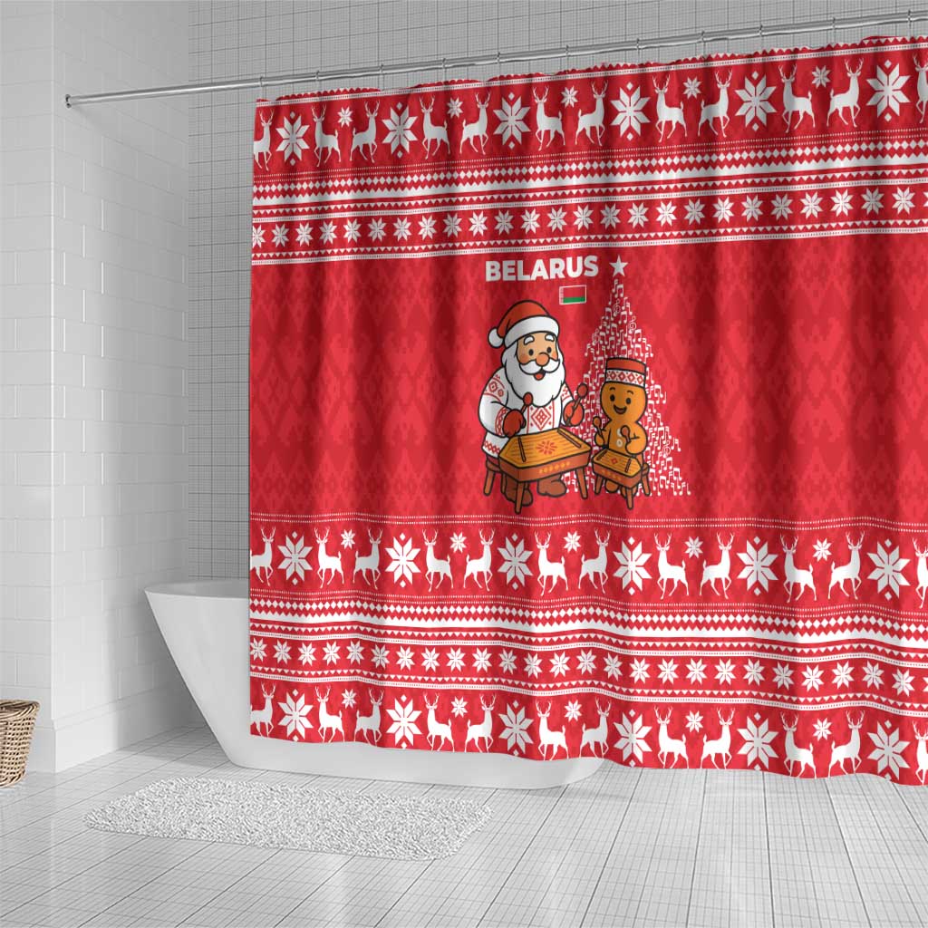 Belarus Christmas Shower Curtain with Santa Gingerbread Playing Chess National Emblem and Nordic Pattern Design - Wonder Print Shop