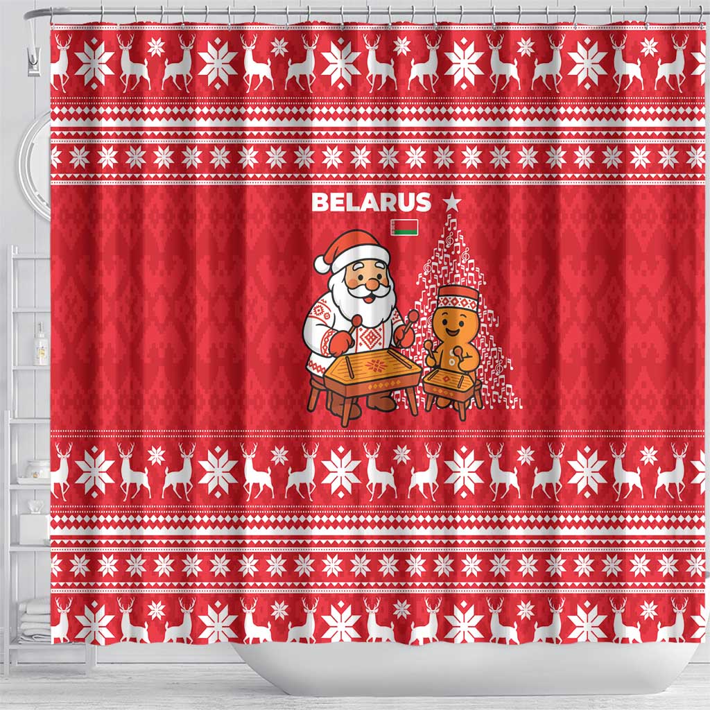 Belarus Christmas Shower Curtain with Santa Gingerbread Playing Chess National Emblem and Nordic Pattern Design - Wonder Print Shop
