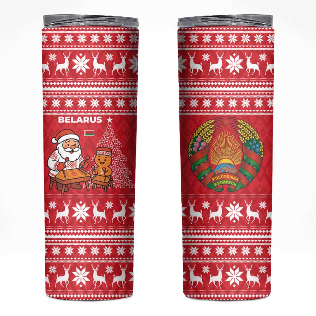 Belarus Christmas Skinny Tumbler with Santa Gingerbread Playing Chess National Emblem and Nordic Pattern Design - Wonder Print Shop