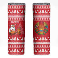 Belarus Christmas Skinny Tumbler with Santa Gingerbread Playing Chess National Emblem and Nordic Pattern Design - Wonder Print Shop