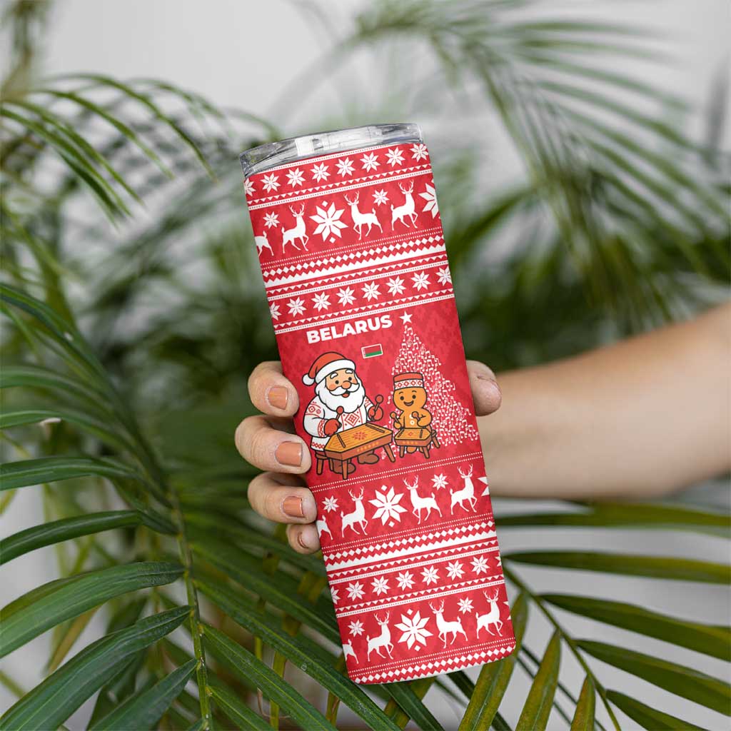 Belarus Christmas Skinny Tumbler with Santa Gingerbread Playing Chess National Emblem and Nordic Pattern Design - Wonder Print Shop