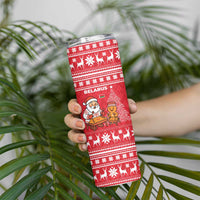 Belarus Christmas Skinny Tumbler with Santa Gingerbread Playing Chess National Emblem and Nordic Pattern Design - Wonder Print Shop