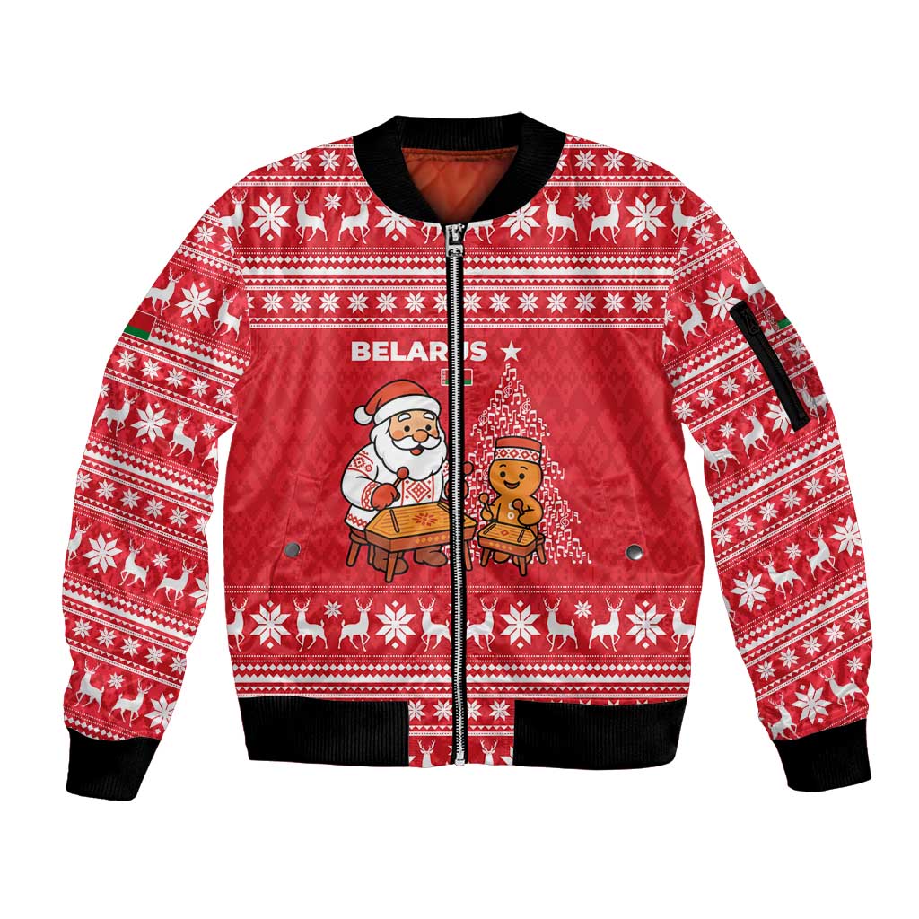 Belarus Christmas Sleeve Zip Bomber Jacket with Santa Gingerbread Playing Chess National Emblem and Nordic Pattern Design - Wonder Print Shop