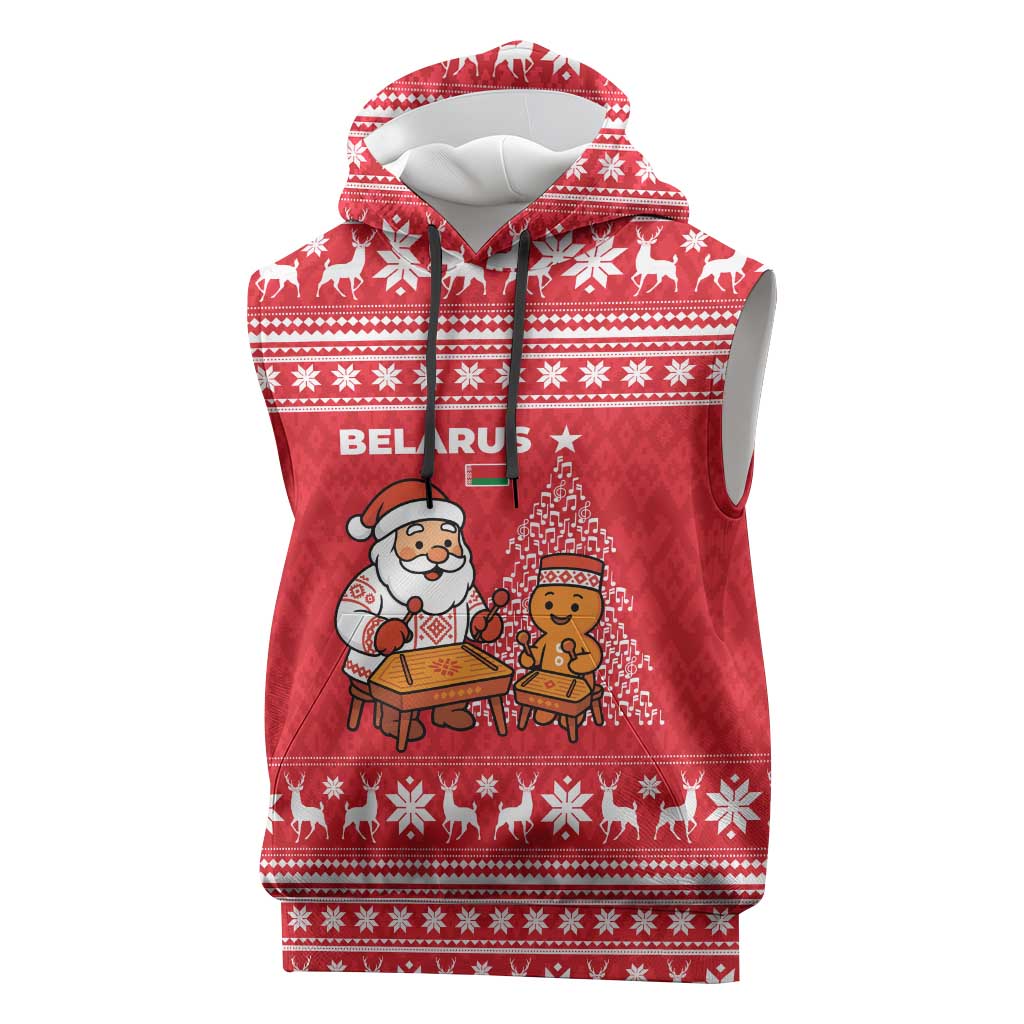 Belarus Christmas Sleeveless Hoodie with Santa Gingerbread Playing Chess National Emblem and Nordic Pattern Design - Wonder Print Shop