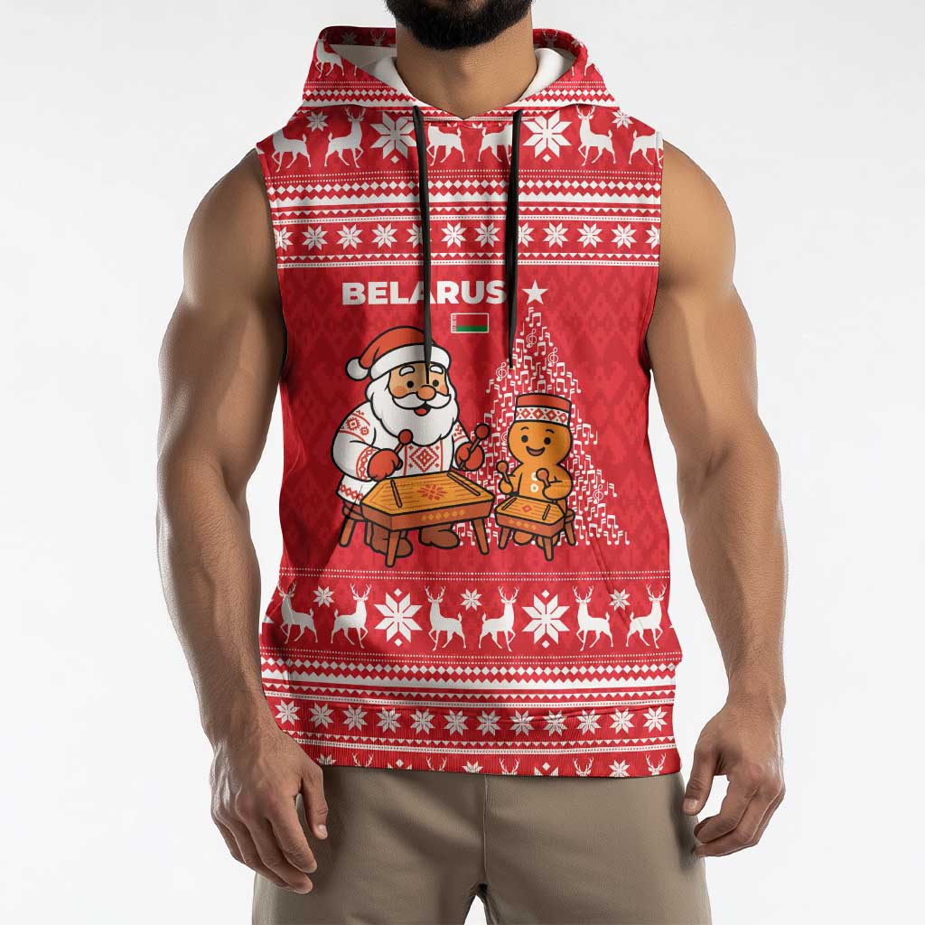 Belarus Christmas Sleeveless Hoodie with Santa Gingerbread Playing Chess National Emblem and Nordic Pattern Design - Wonder Print Shop