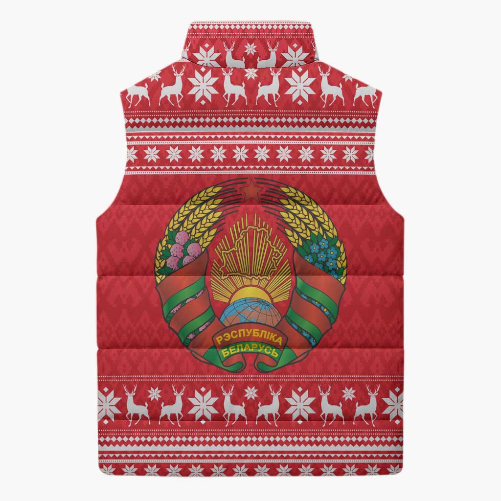 Belarus Christmas Sleeveless Puffer Jacket with Santa Gingerbread Playing Chess National Emblem and Nordic Pattern Design - Wonder Print Shop