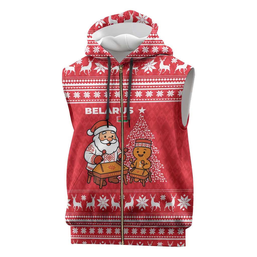 Belarus Christmas Sleeveless Zip Hoodie with Santa Gingerbread Playing Chess National Emblem and Nordic Pattern Design - Wonder Print Shop