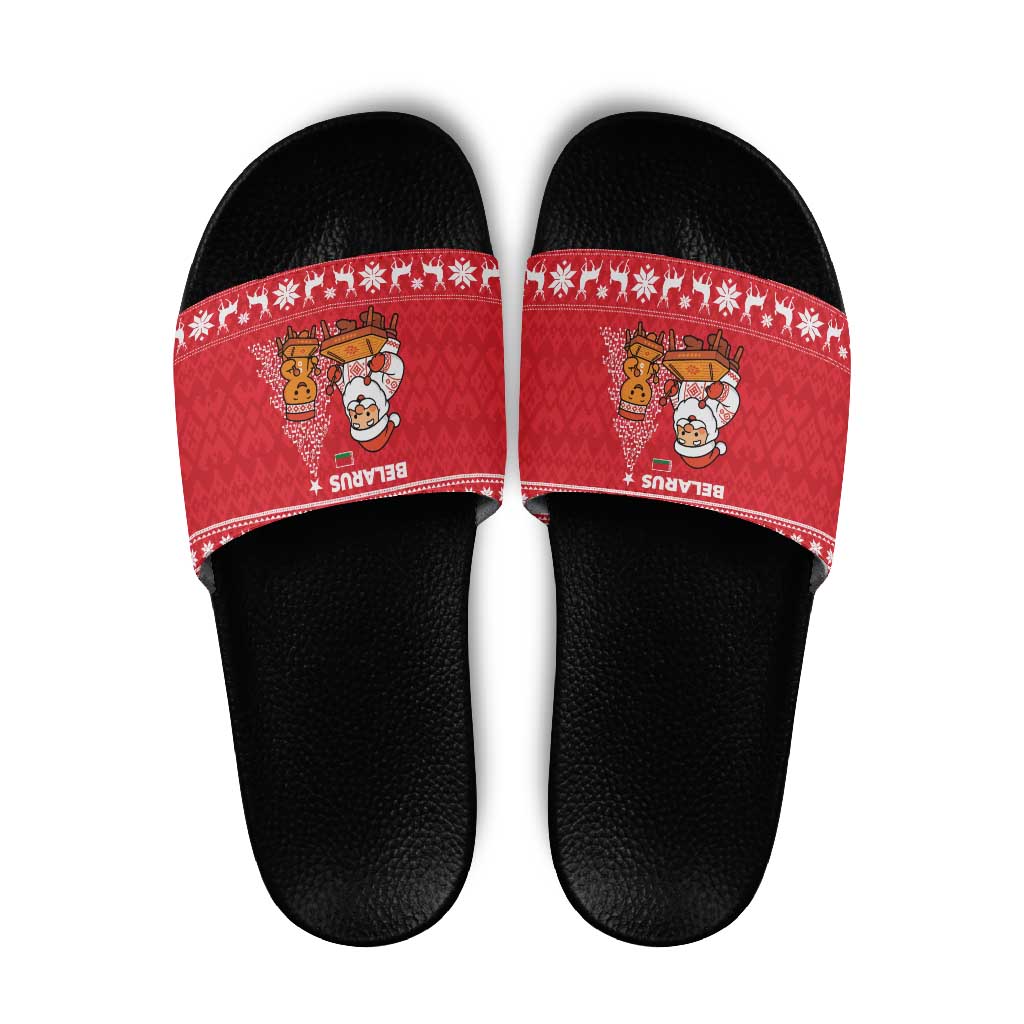 Belarus Christmas Slide Sandals with Santa Gingerbread Playing Chess National Emblem and Nordic Pattern Design - Wonder Print Shop