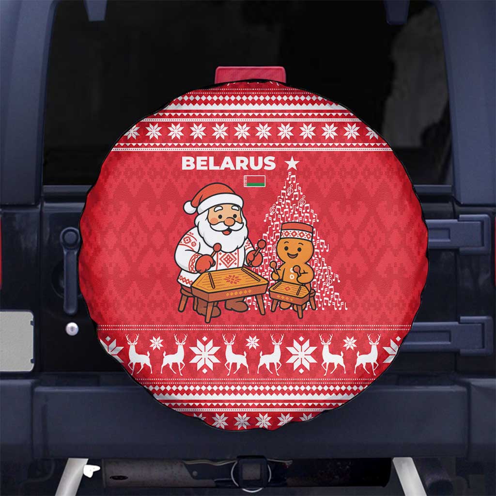 Belarus Christmas Spare Tire Cover with Santa Gingerbread Playing Chess National Emblem and Nordic Pattern Design - Wonder Print Shop