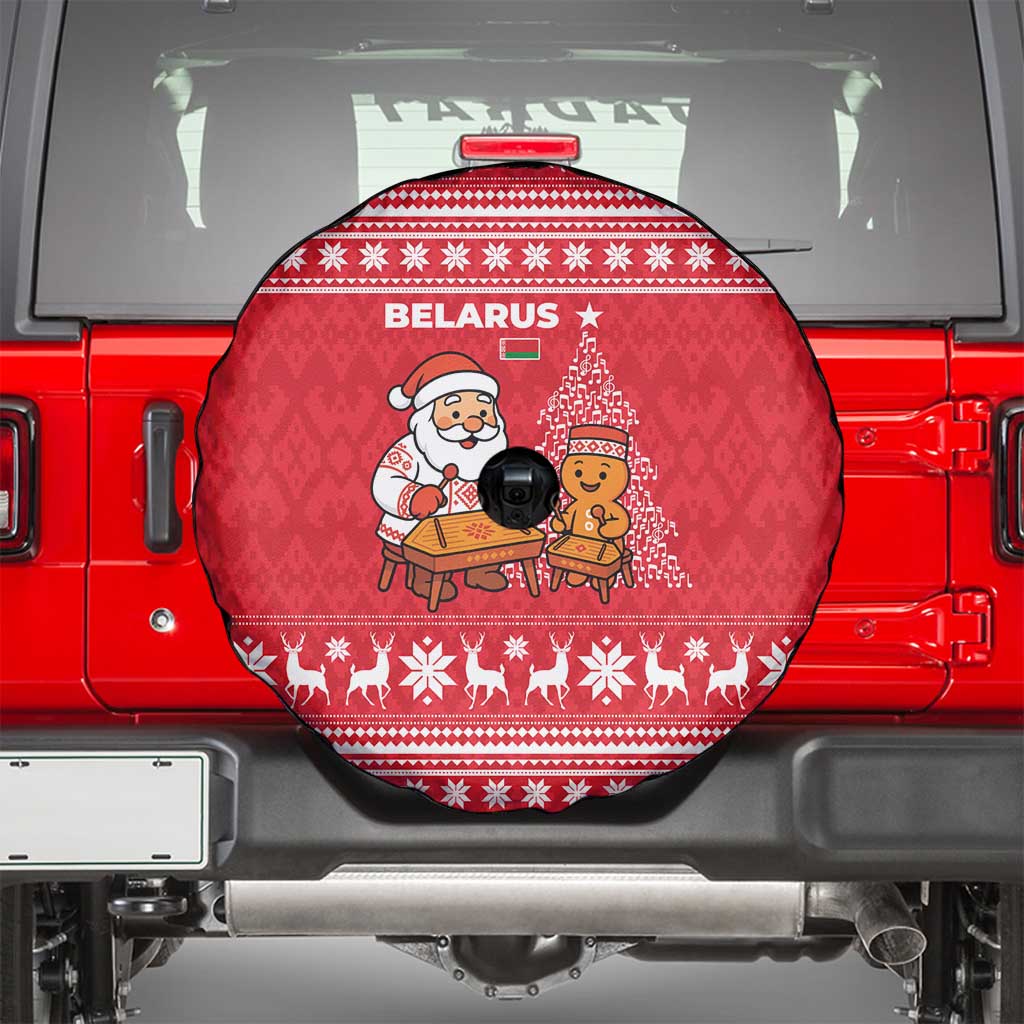 Belarus Christmas Spare Tire Cover with Santa Gingerbread Playing Chess National Emblem and Nordic Pattern Design - Wonder Print Shop