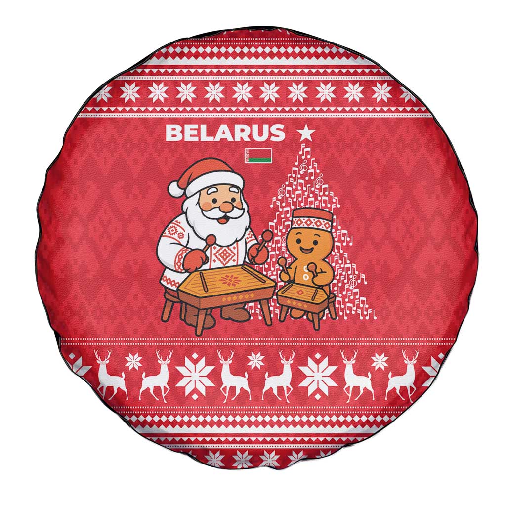 Belarus Christmas Spare Tire Cover with Santa Gingerbread Playing Chess National Emblem and Nordic Pattern Design - Wonder Print Shop
