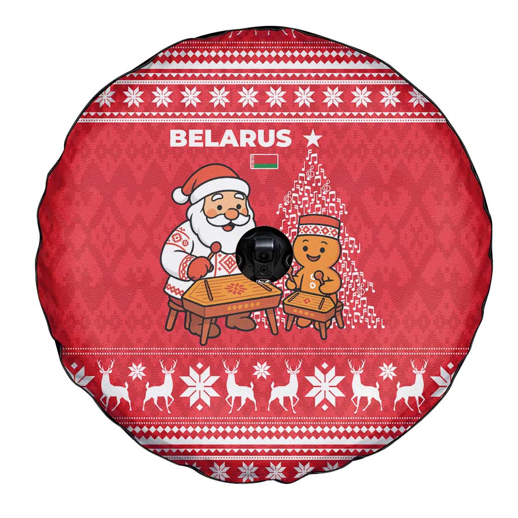 Belarus Christmas Spare Tire Cover with Santa Gingerbread Playing Chess National Emblem and Nordic Pattern Design - Wonder Print Shop