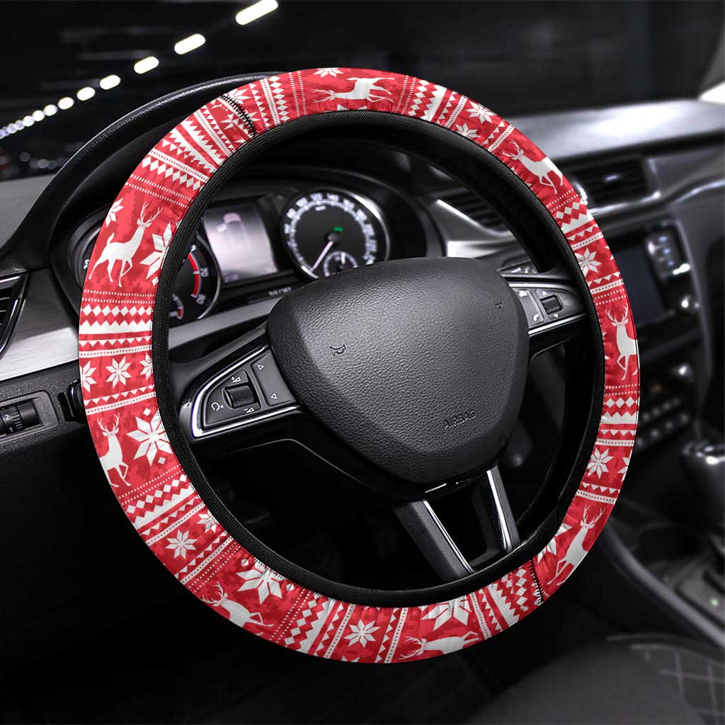 Belarus Christmas Steering Wheel Cover with Santa Gingerbread Playing Chess National Emblem and Nordic Pattern Design - Wonder Print Shop