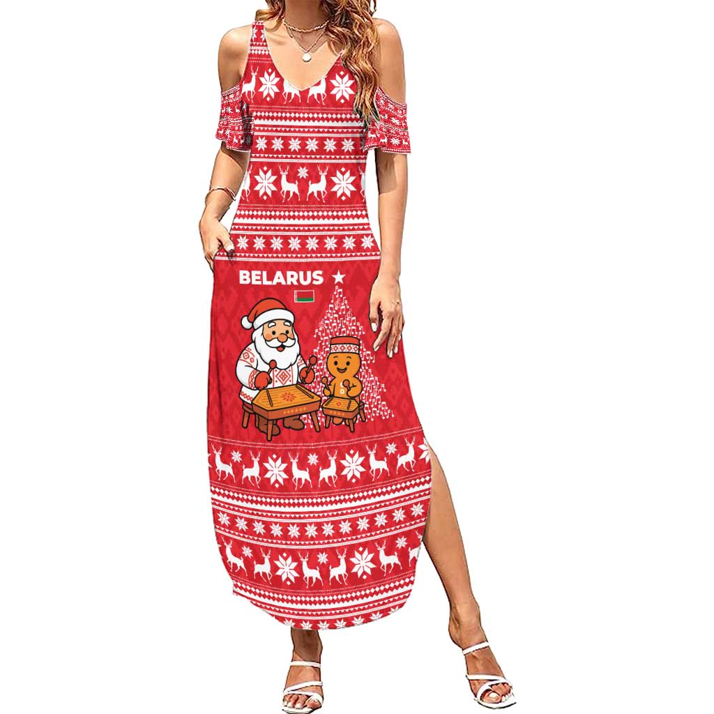 Belarus Christmas Summer Maxi Dress with Santa Gingerbread Playing Chess National Emblem and Nordic Pattern Design - Wonder Print Shop