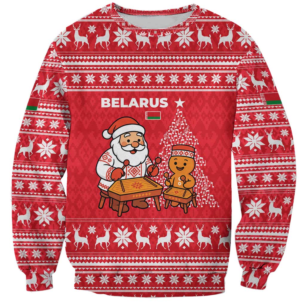 Belarus Christmas Sweatshirt with Santa Gingerbread Playing Chess National Emblem and Nordic Pattern Design - Wonder Print Shop