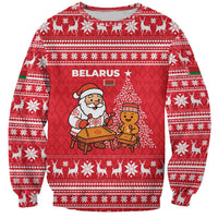 Belarus Christmas Sweatshirt with Santa Gingerbread Playing Chess National Emblem and Nordic Pattern Design - Wonder Print Shop
