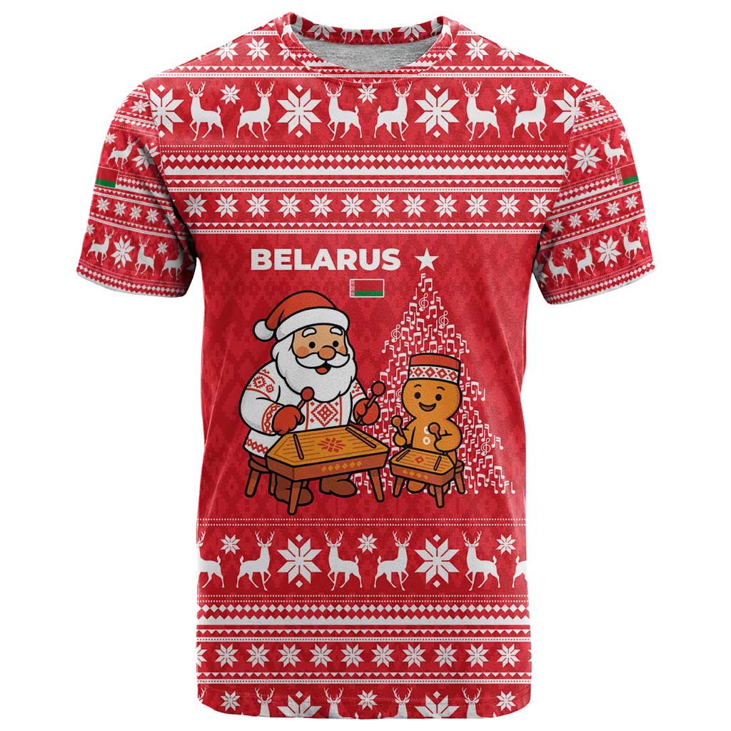 Belarus Christmas T Shirt with Santa Gingerbread Playing Chess National Emblem and Nordic Pattern Design - Wonder Print Shop