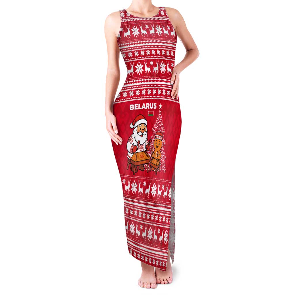 Belarus Christmas Tank Maxi Dress with Santa Gingerbread Playing Chess National Emblem and Nordic Pattern Design - Wonder Print Shop