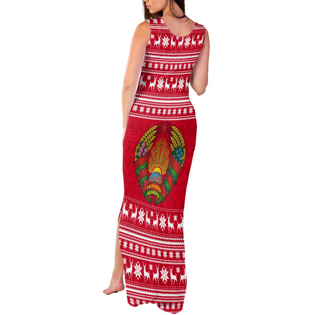 Belarus Christmas Tank Maxi Dress with Santa Gingerbread Playing Chess National Emblem and Nordic Pattern Design - Wonder Print Shop