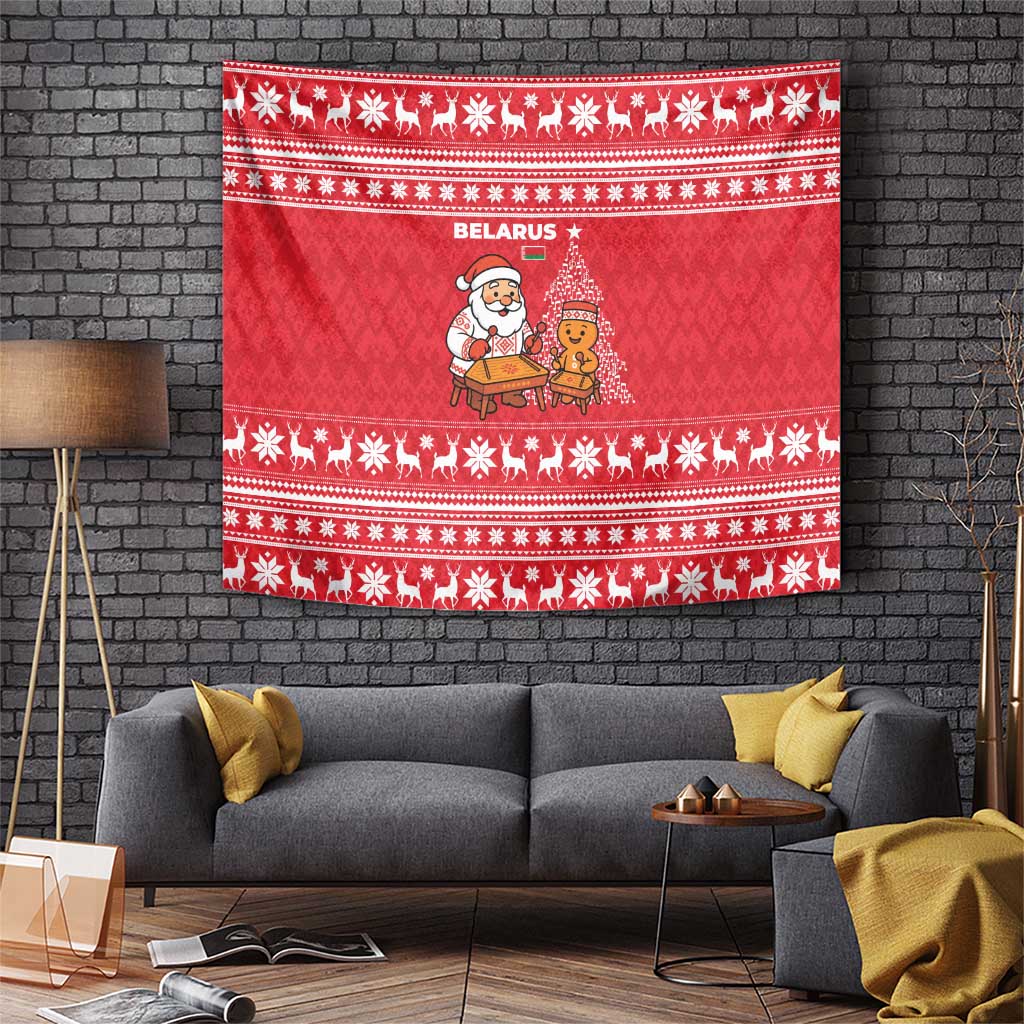 Belarus Christmas Tapestry with Santa Gingerbread Playing Chess National Emblem and Nordic Pattern Design - Wonder Print Shop