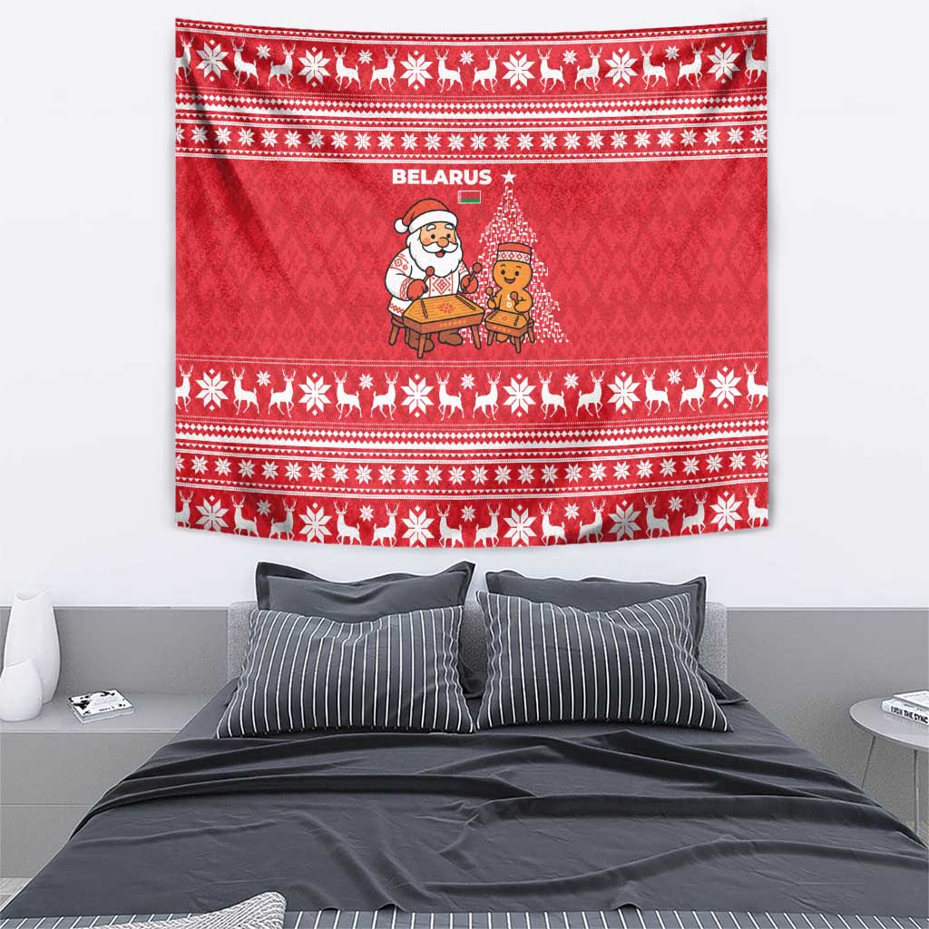 Belarus Christmas Tapestry with Santa Gingerbread Playing Chess National Emblem and Nordic Pattern Design - Wonder Print Shop
