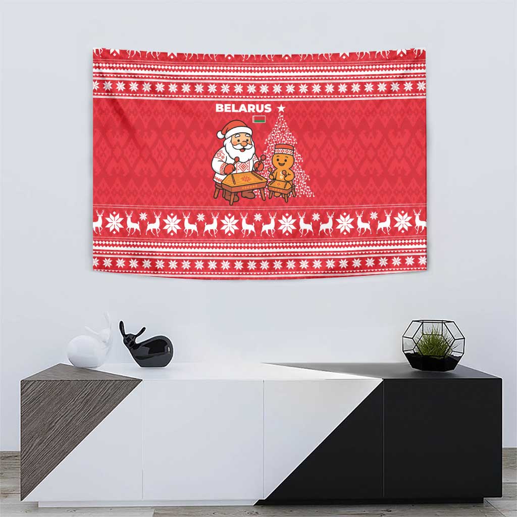 Belarus Christmas Tapestry with Santa Gingerbread Playing Chess National Emblem and Nordic Pattern Design - Wonder Print Shop