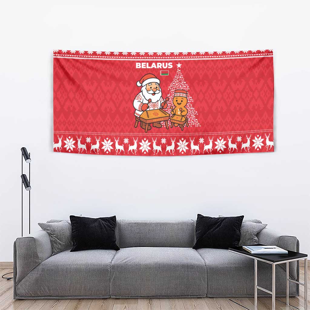 Belarus Christmas Tapestry with Santa Gingerbread Playing Chess National Emblem and Nordic Pattern Design - Wonder Print Shop