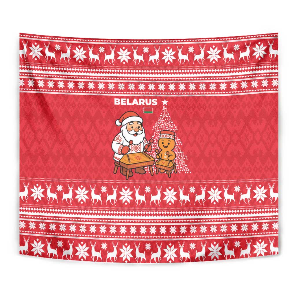 Belarus Christmas Tapestry with Santa Gingerbread Playing Chess National Emblem and Nordic Pattern Design - Wonder Print Shop