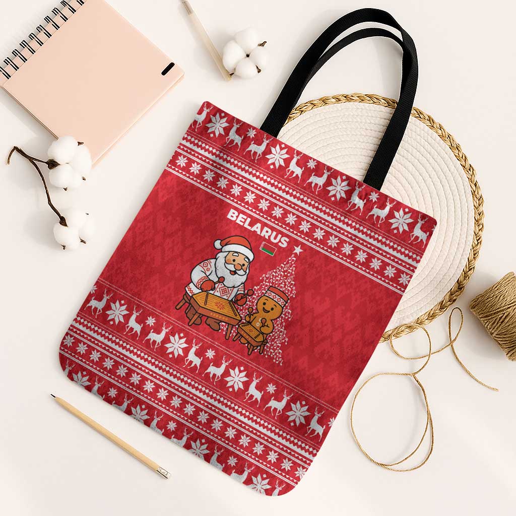 Belarus Christmas Tote Bag with Santa Gingerbread Playing Chess National Emblem and Nordic Pattern Design - Wonder Print Shop