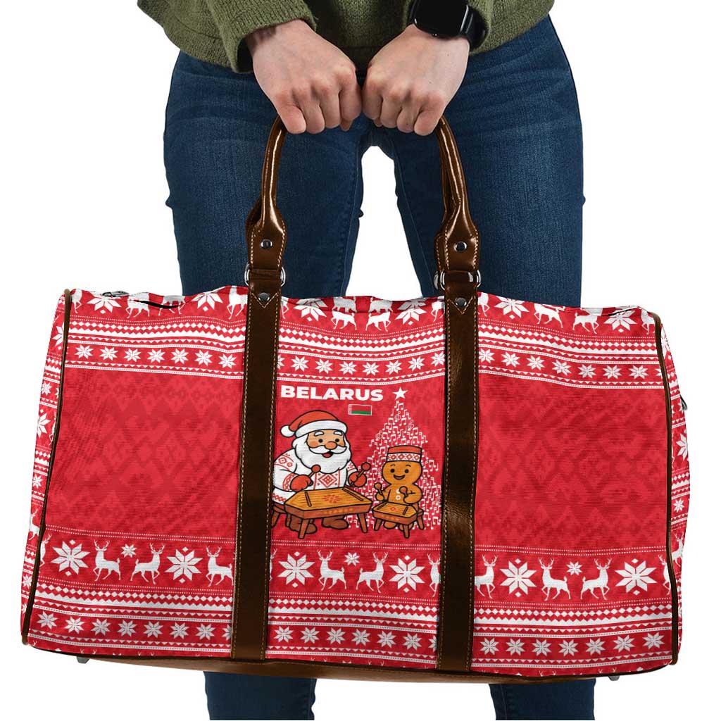Belarus Christmas Travel Bag with Santa Gingerbread Playing Chess National Emblem and Nordic Pattern Design - Wonder Print Shop
