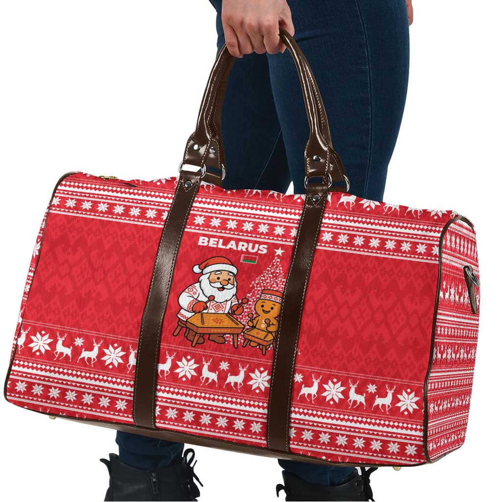 Belarus Christmas Travel Bag with Santa Gingerbread Playing Chess National Emblem and Nordic Pattern Design - Wonder Print Shop